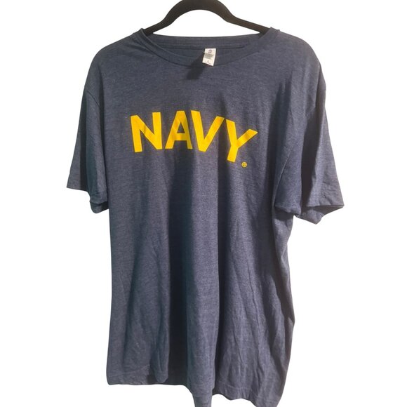 Tultex Navy Blue T-Shirt With Yellow "NAVY" Print & American Flag Sleeve Graphic - Picture 2 of 7
